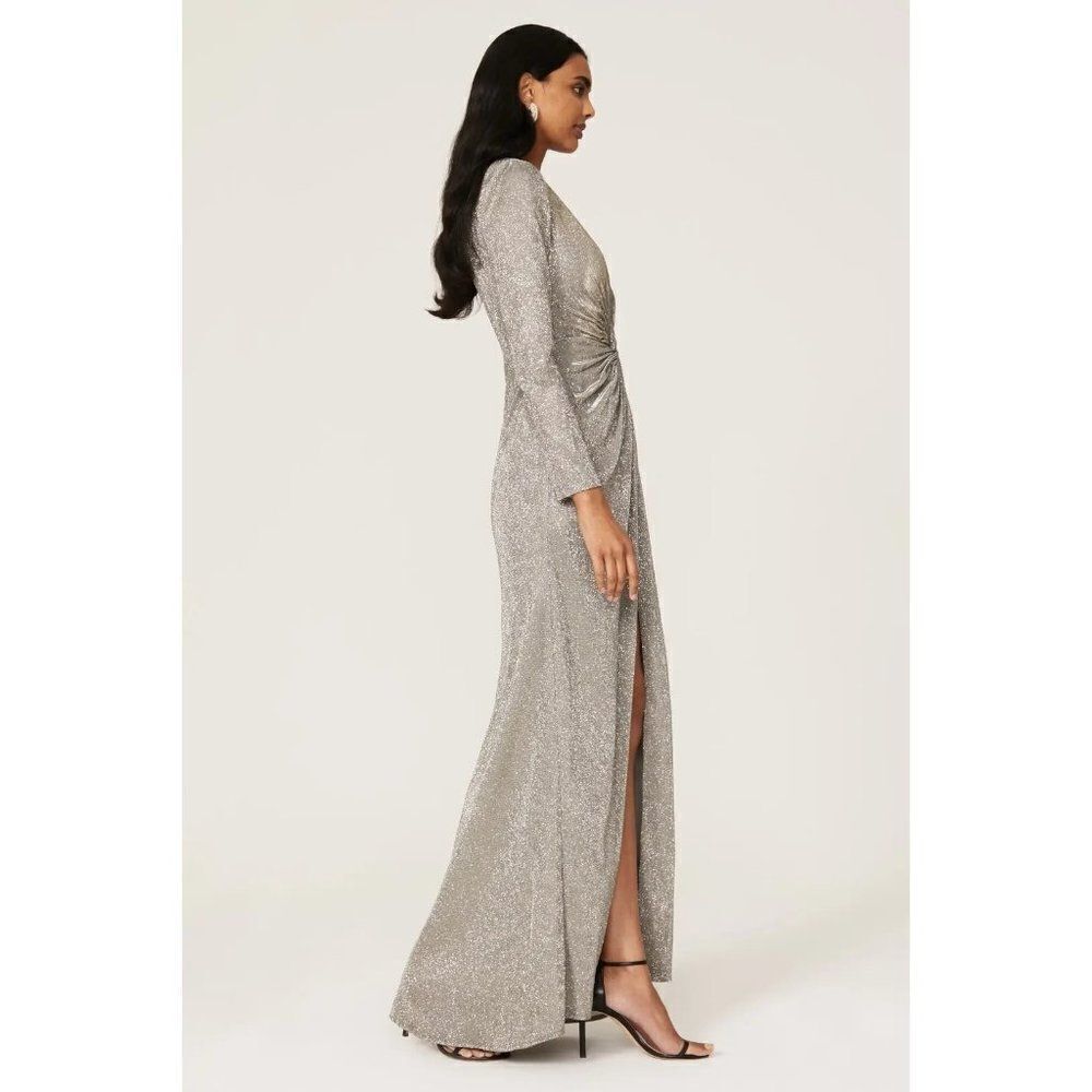 Ieena for Mac Duggal Silver Sequin Side Slit Ruched V-neck Gown Size 4 - Picture 2 of 7
